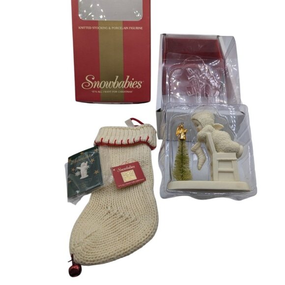 Snowbabies "Its All I Want For Christmas" Knitted Stocking & baby on chair with - Picture 1 of 14